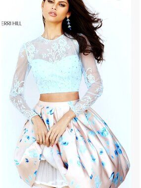 NWT Sherri Hill 50764 Two Piece Cocktail Lace Top Floral Skirt Blue Size 6 [jb]